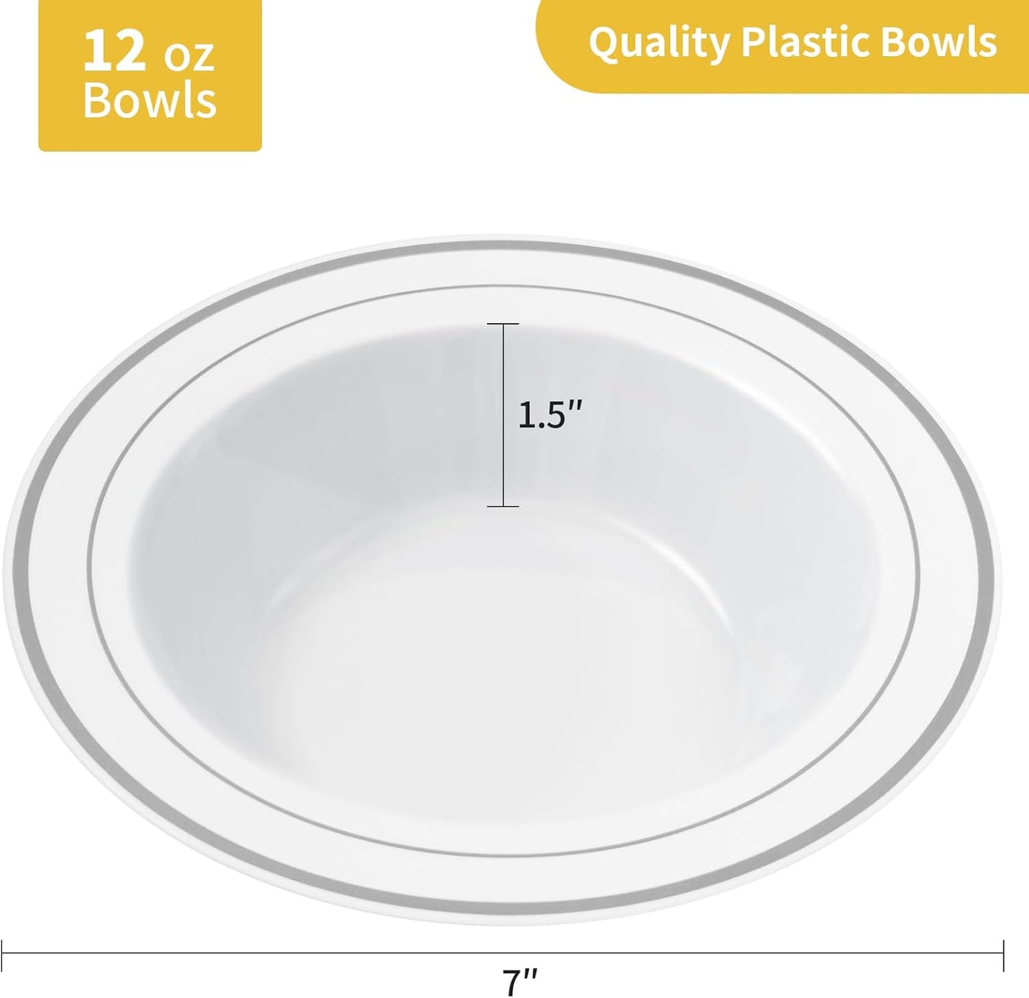Goodluck 100 Pack Plastic Bowls with Silver Rim, 12oz Disposable Soup Bowls, Heavy Duty Dessert Bowls for Weddings, Parties, Dinners, Catering, and Everyday Use