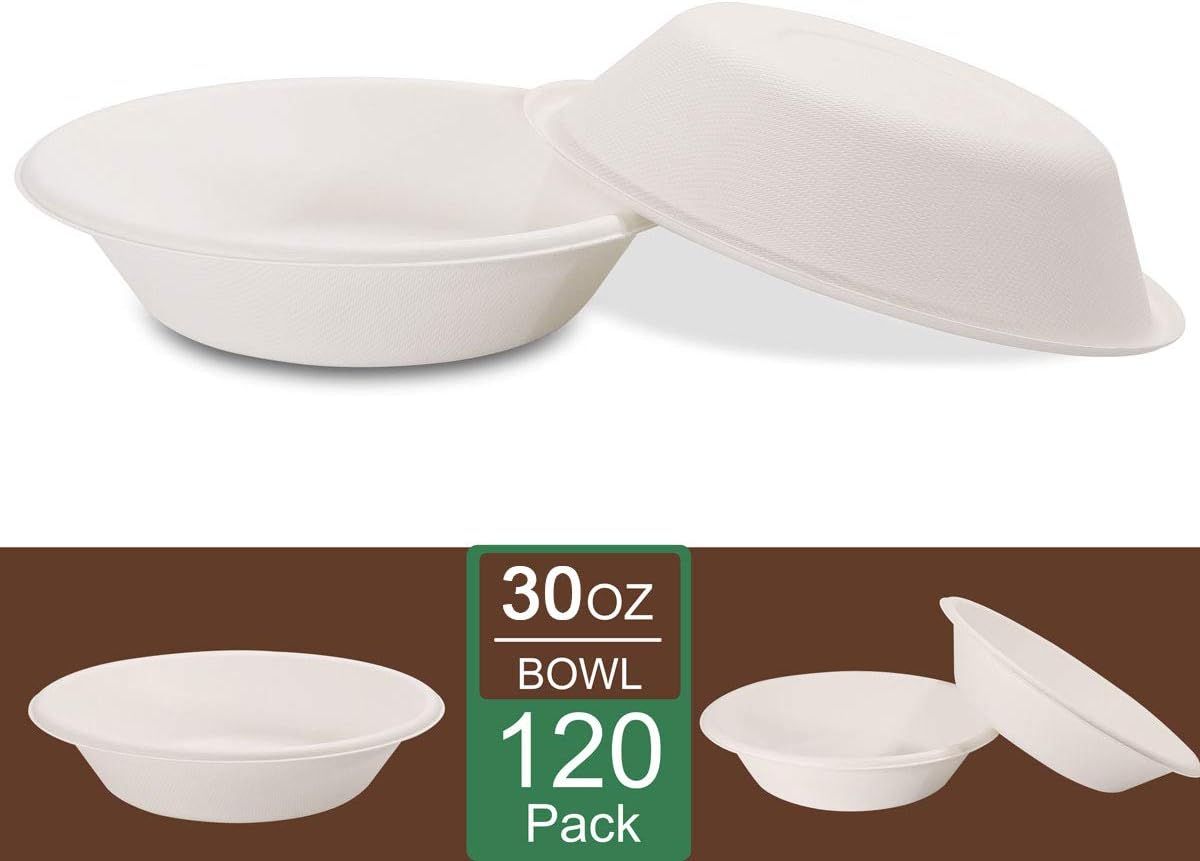 Nervure 120PCS Biodegradable Paper Bowls - 30OZ Compostable Bowls Heavy Duty Nature-Made by 100% Sugar Cane Fibers, Microwave Hot Food Safe