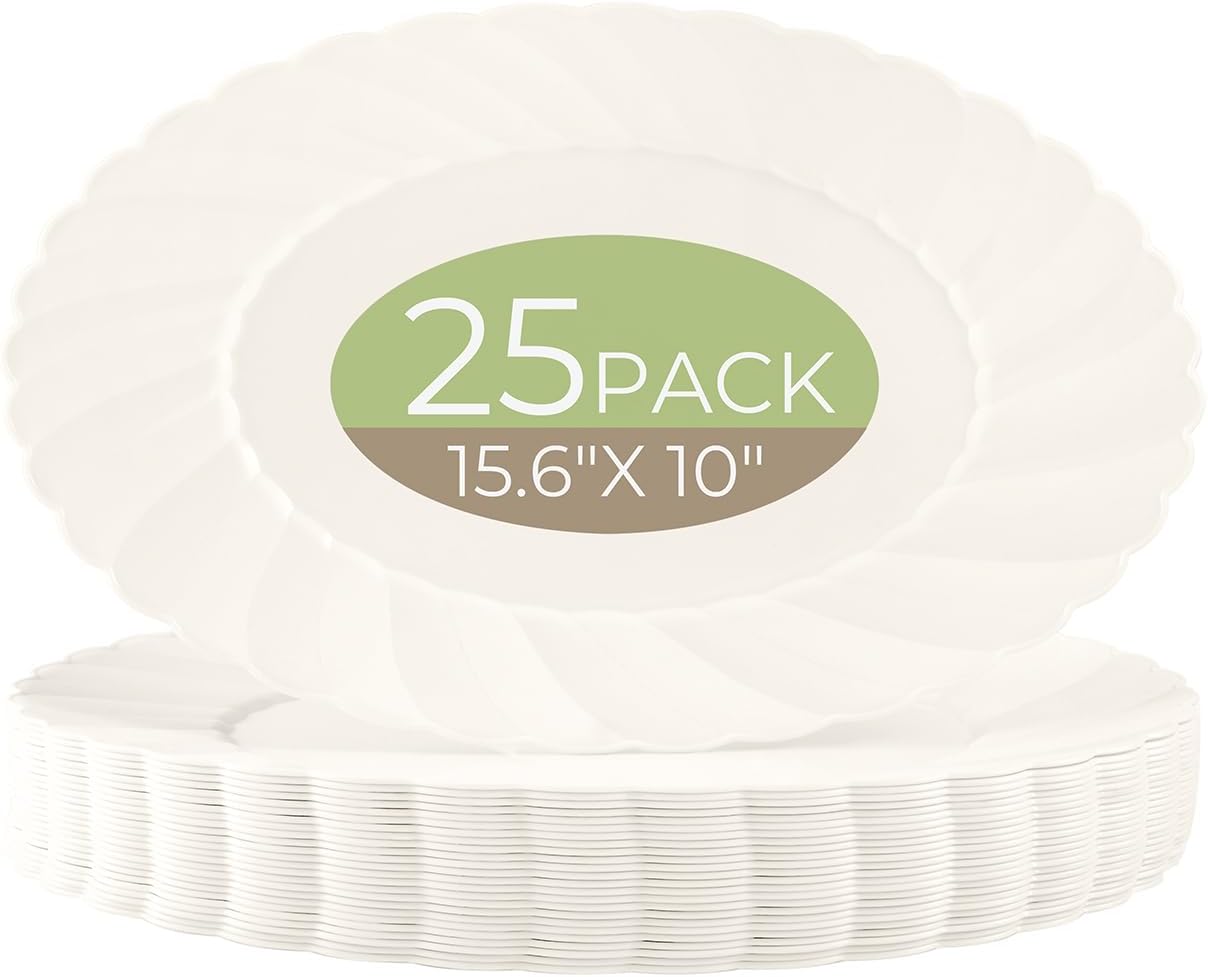 U-QE 25 Count Ivory Thanksgiving Plastic Plates - 15.6 inch Oval Plates Disposable Plates Heavy Duty For Big Eaters, Ivory Disposable Platters Ideal for Thanksgiving, Party, Picnic and Weddings