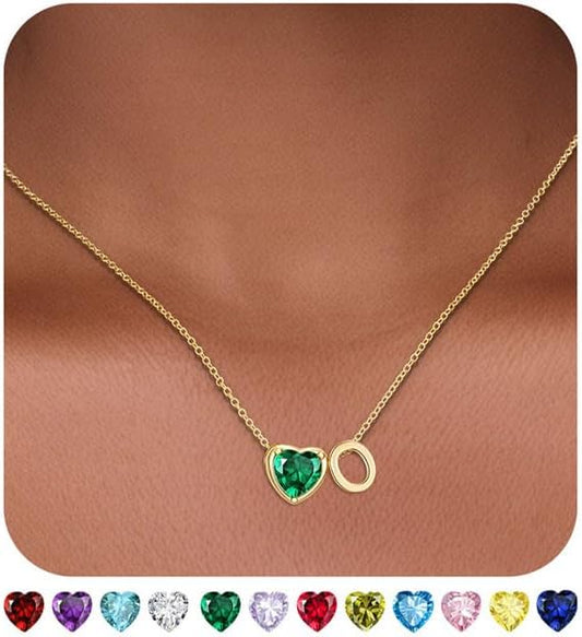 Heart Birthstone Initial Necklace for Women Girls,14K Gold Plated Heart Letter A-Z Necklace Dainty Birthday Trendy Jewelry Gifts for Women Girls Daughter