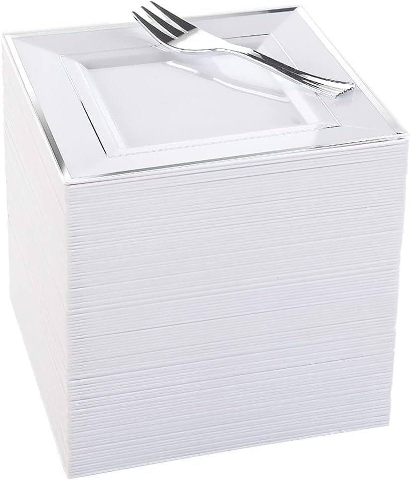 WDF Silver Plastic Dessert Plates with Plastic Forks - 6” 100 Square Disposable Appetizer Plates Small Plates Cake Plates with Silver Rim &100 Small Appetizer Forks for Christmas Party/Wedding