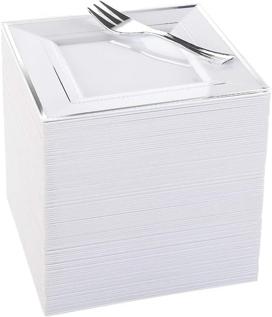 WDF Silver Plastic Dessert Plates with Plastic Forks - 6” 100 Square Disposable Appetizer Plates Small Plates Cake Plates with Silver Rim &100 Small Appetizer Forks for Christmas Party/Wedding