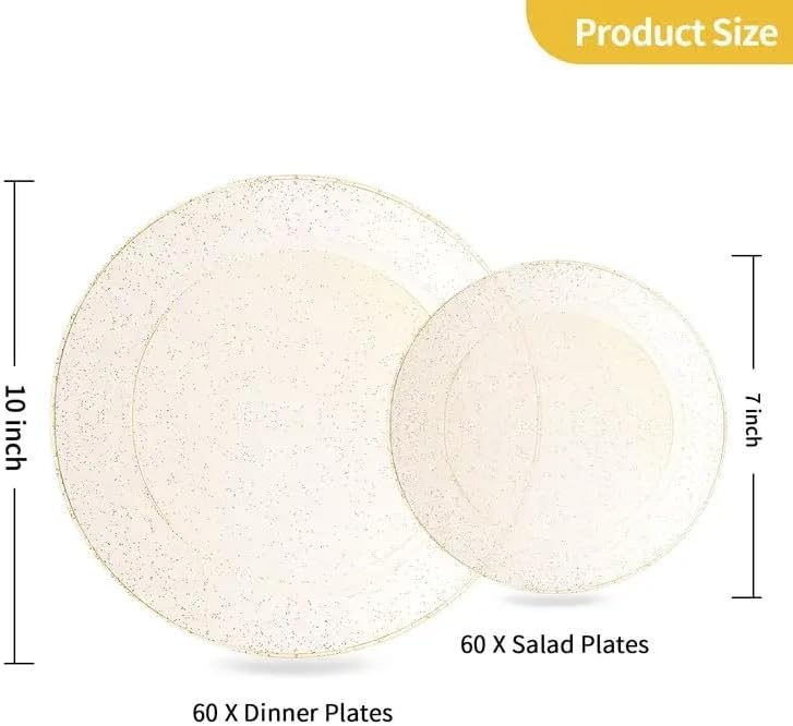 Goodluck 120PCS Gold Plastic Plates, Disposable Gold Glitter Plates, Heavy Duty 60pcs 10.25" Dinner Plates, 60pcs 7.5" Disposable Dessert Plates, Disposable Plates for Party, Wedding