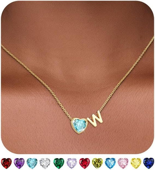 Heart Birthstone Initial Necklace for Women Girls,14K Gold Plated Heart Letter A-Z Necklace Dainty Birthday Trendy Jewelry Gifts for Women Girls Daughter