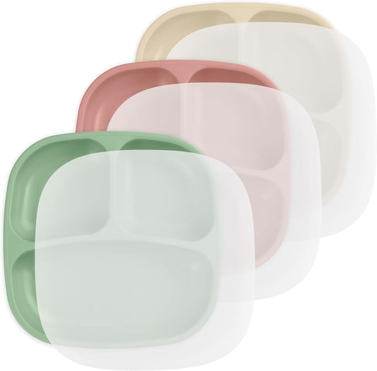 Re-Play Toddler Plates with Dividers - Deep-Walled 3 Compartments Divided Plates for Kids with 3 Lids - Dishwasher & Microwave Safe - Made in USA - Set of 3-7.37" x 7.37" x 1.25" - Desert Sands