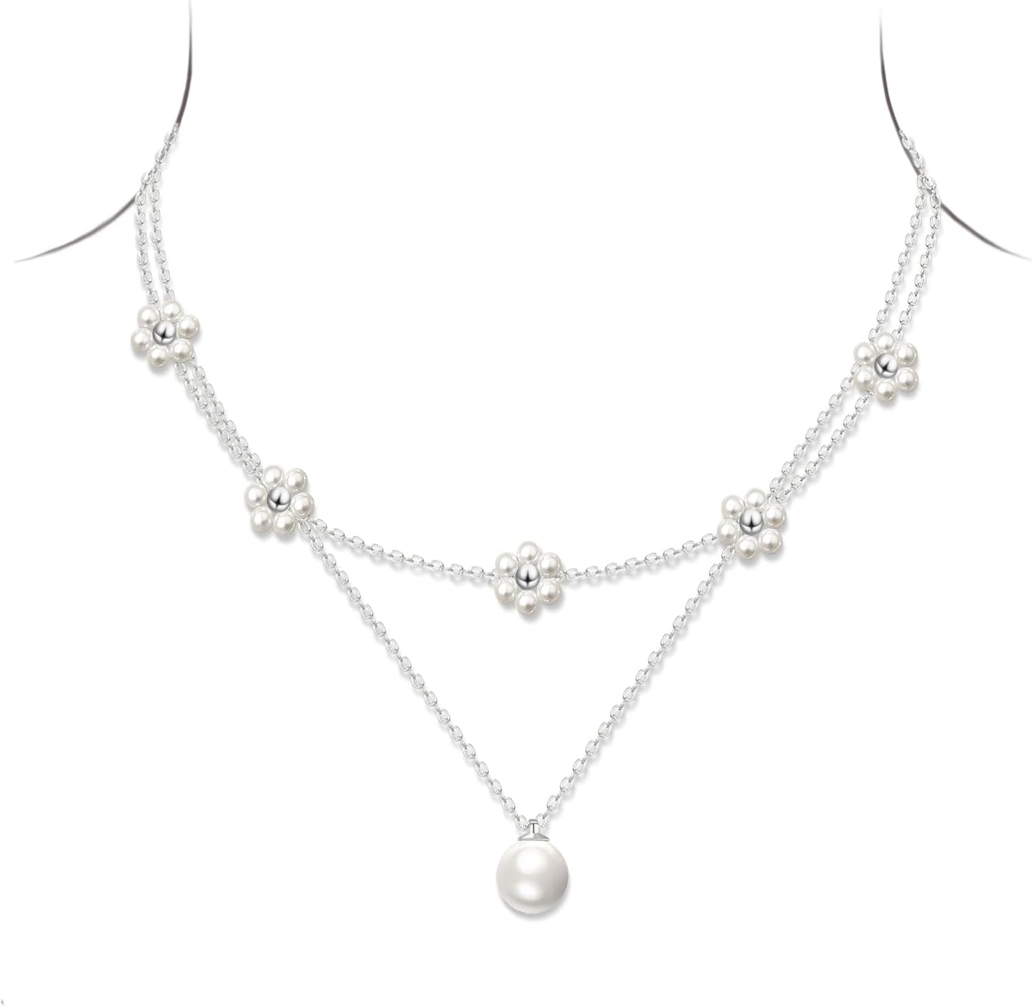 OGD Gold Pearl Necklaces Set for Women 14K Gold Plated Dainty Layered Pearl Cute Daisy Pearl Choker Gold Necklace Gifts for Women Gold Trendy Jewelry Gifts