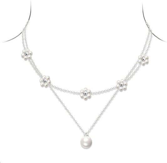 OGD Gold Pearl Necklaces Set for Women 14K Gold Plated Dainty Layered Pearl Cute Daisy Pearl Choker Gold Necklace Gifts for Women Gold Trendy Jewelry Gifts