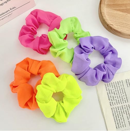 5 PCS Neon Scrunchies for Hair, 80sHair Accessories for Women, Neon Hair Ties Ponytail Holder for Party Outfit (No include LED Light)