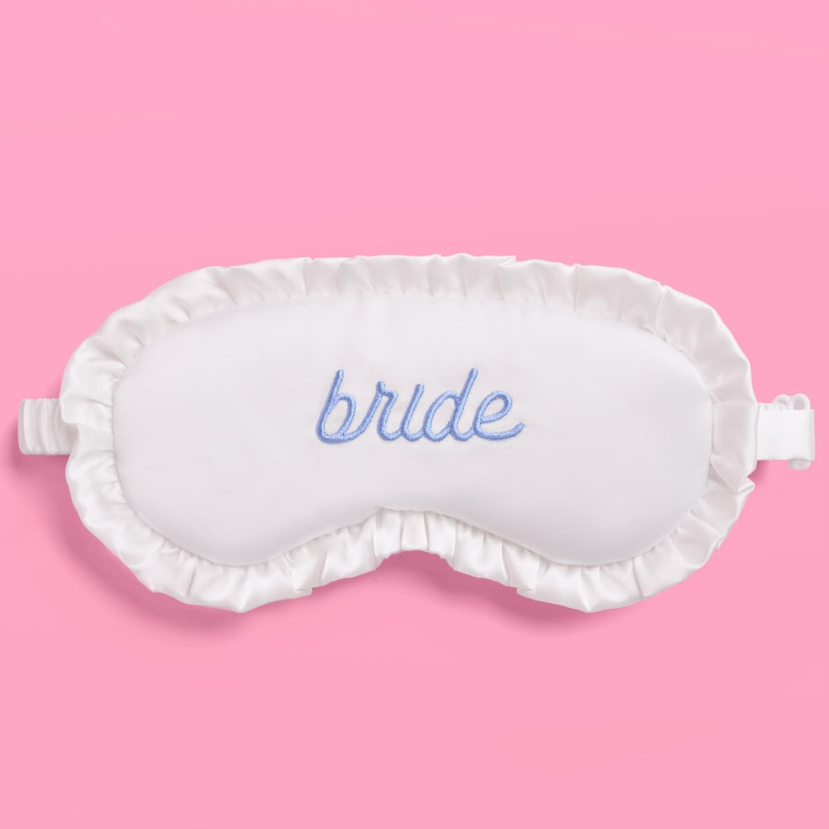 xo, Fetti Ruffled Bride Sleep Mask, White Satin + Blue Embroidery | Bachelorette Party Decorations, Bridal Shower Accessory, Bride to Be Party Favor, Bridesmaid Gift