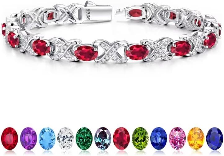 Iefil Oval Birthstone Bracelets for Women, Sterling Silver Tennis Bracelets Unique X O Design Fine Jewelry Christmas Gifts Anniversary Birthday Gifts for Her Birthstone Jewelry for Wife Mom Grandma