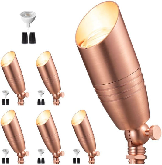 Gardenreet Low Voltage Spot Lights - Solid Brass Landscape Spotlight Wired, 12V Outdoor LED Bullet Uplights, Waterproof Electric Copper for Patio Wall with 5000K Daylight MR16 Bulb (6 Pack)