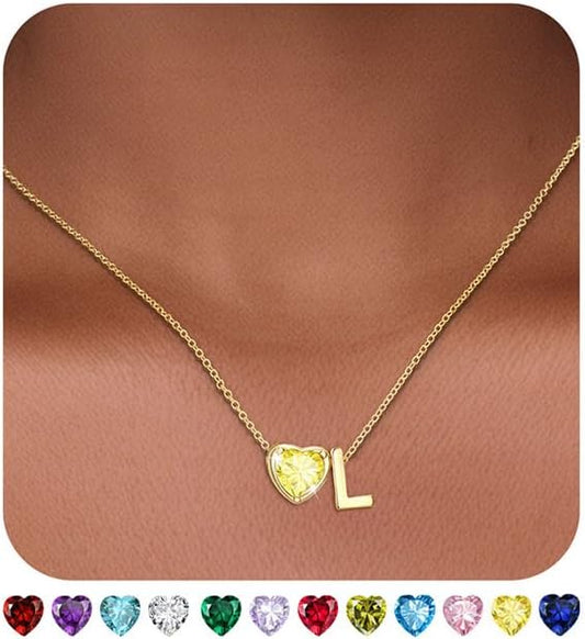 Heart Birthstone Initial Necklace for Women Girls,14K Gold Plated Heart Letter A-Z Necklace Dainty Birthday Trendy Jewelry Gifts for Women Girls Daughter