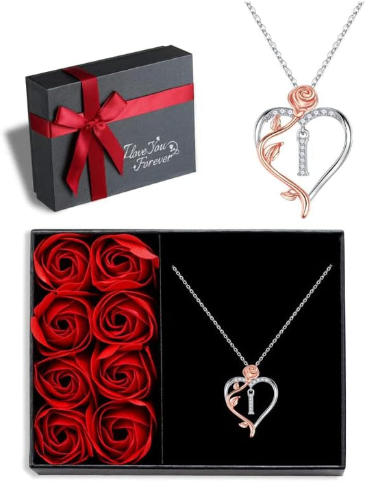 Iefil Christmas Gifts for Women Wife - 925 Sterling Silver Rose Heart Initial Necklace, Anniversary Birthday Gifts for Women, Jewelry Gift for Her Wife Girlfriend Mom Daughter