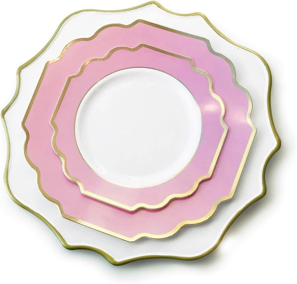 " OCCASIONS " 50 Plates Pack (25 Guests)-Heavyweight Wedding Party Disposable Plastic Plate Set -(25x10.5'' Dinner + 25x8'' Salad/Dessert) (Imperial in Rose Pink & Gold)