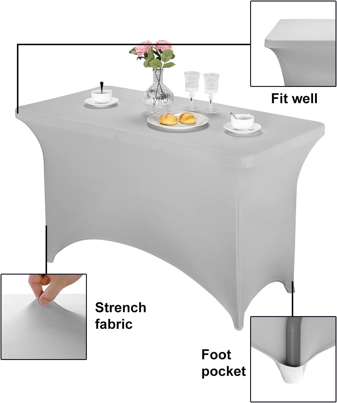 FORLIFE Spandex Table Covers，Fitted Tablecloth for Rectangular Tables, Stretch Patio Table Covers, Universal Spandex Table Cover for Wedding, Banquet, Party (4ft, Silver)