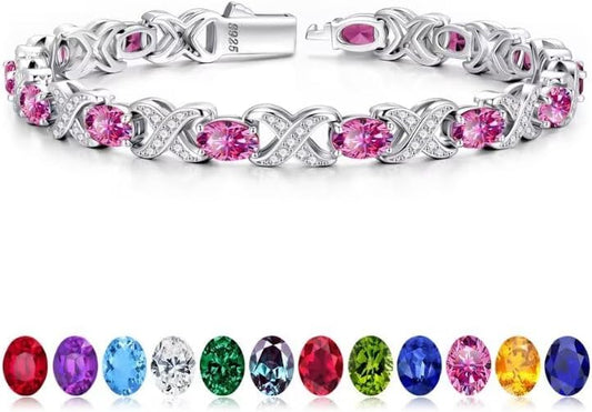 Iefil Oval Birthstone Bracelets for Women, Sterling Silver Tennis Bracelets Unique X O Design Fine Jewelry Christmas Gifts Anniversary Birthday Gifts for Her Birthstone Jewelry for Wife Mom Grandma