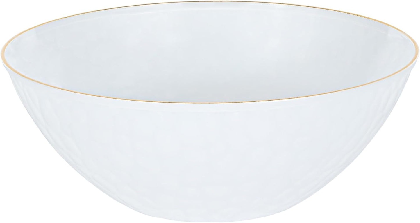 PLASTICPRO 30 Pack 12 Ounce Hammered Plastic Bowls Translucent White with Gold Rim Heavyweight Disposable Plastic Soup Bowls Elegant Translucent Hammered Gold Rim Platsic Party Dishes