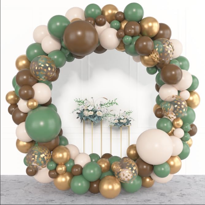 Amandir 153pcs Sage Green Brown Balloon Garland Arch Kit, Different Sizes 18 12 10 5 inch Olive Green Gold Latex Metallic Confetti Balloons for Safari Jungle Woodland Birthday Baby Shower Decorations