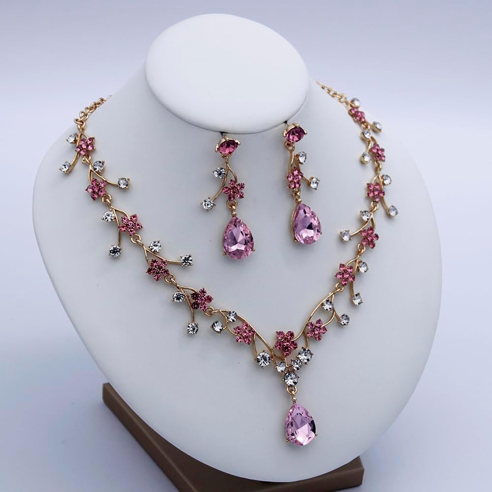 Jewelry Sets for Women Wedding Flower Necklace and Dangle Earrings Gold-Plated Rhinestones Teardrop Pendants Necklace Set for Bridal Party Accessories