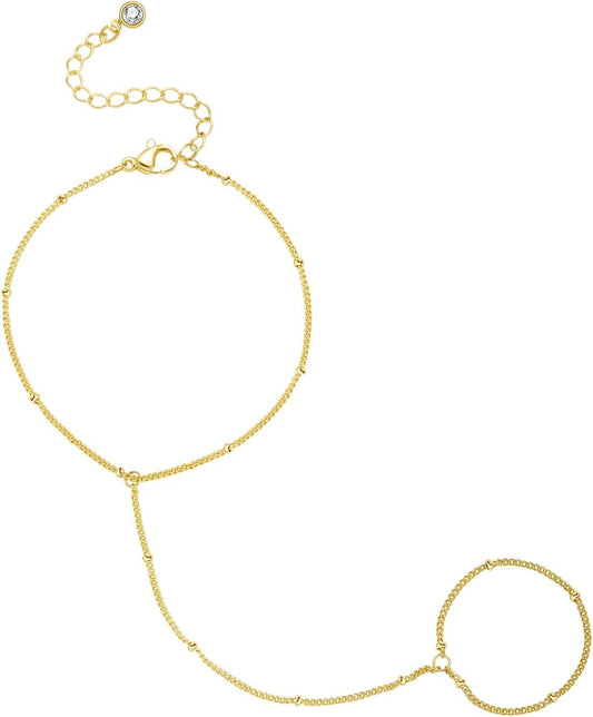 Listine Hand Chain Bracelet 14K Gold Plated Ring Bracelet Hand Chain Trendy Stuff for Women Dainty Hand Bracelets with Finger Ring Hand Jewelry for Women