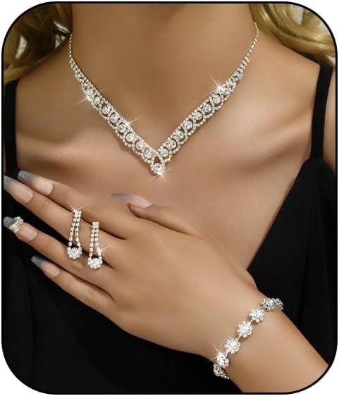 Prom Earrings Necklace Bracelet Set Elegant Crystal Rhinestone Necklace Earrings Bracelet Bridal Wedding Prom Dresses Costume Outfit Gold Jewelry Sets for Women