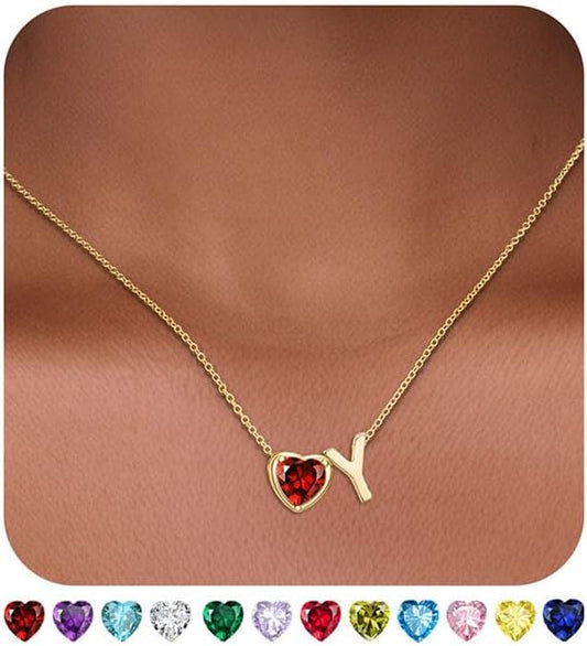 Heart Birthstone Initial Necklace for Women Girls,14K Gold Plated Heart Letter A-Z Necklace Dainty Birthday Trendy Jewelry Gifts for Women Girls Daughter