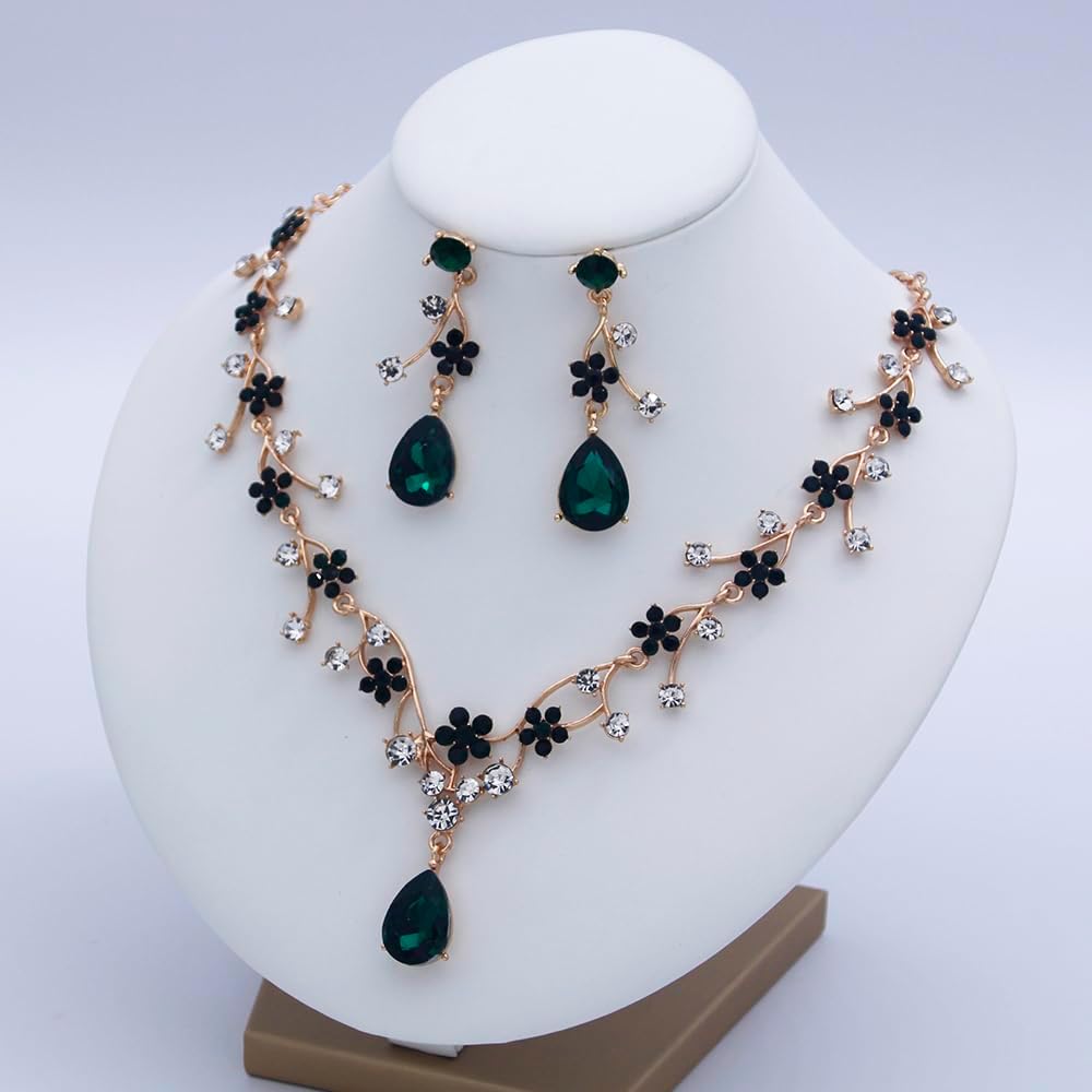 Jewelry Sets for Women Wedding Flower Necklace and Dangle Earrings Gold-Plated Rhinestones Teardrop Pendants Necklace Set for Bridal Party Accessories