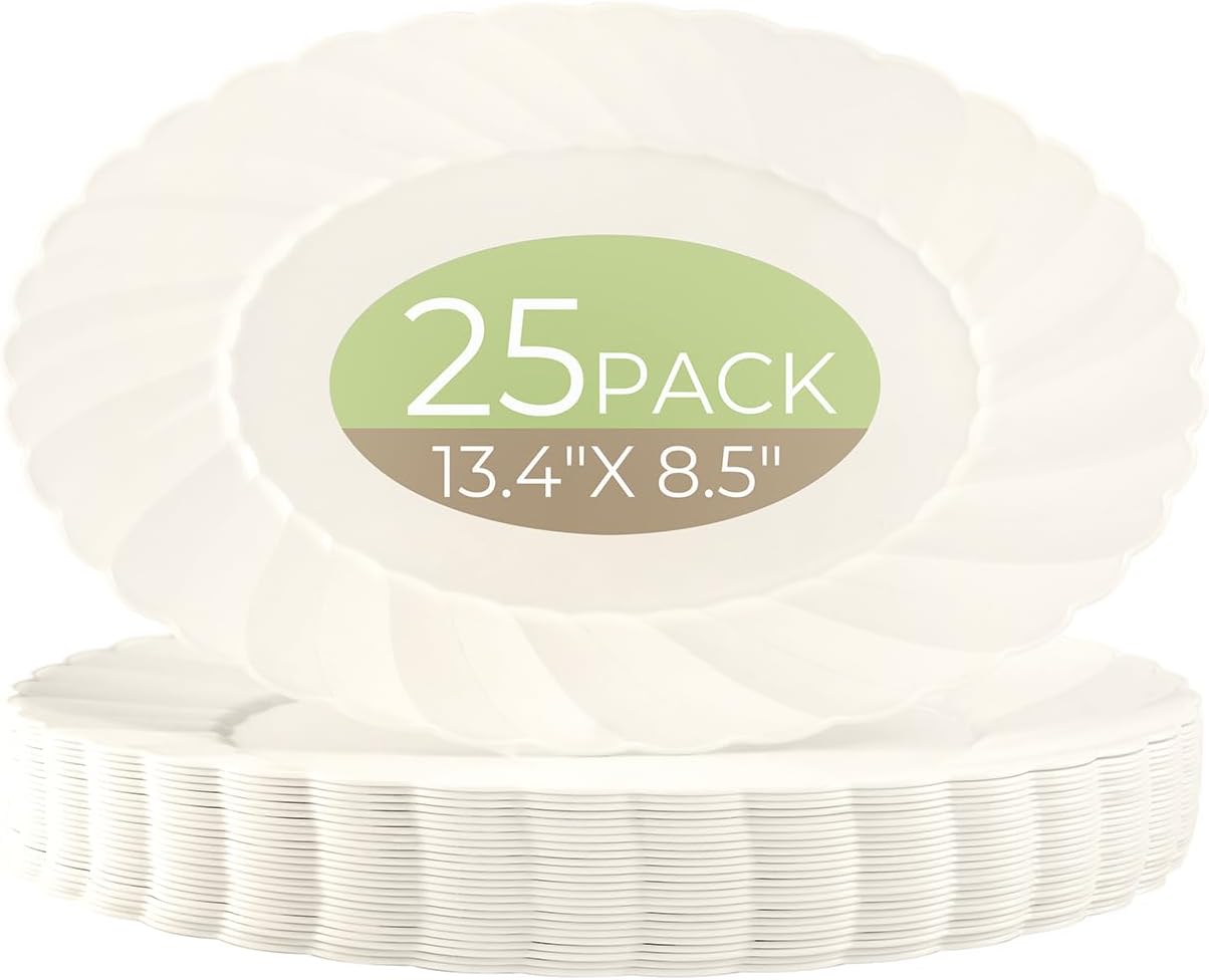 U-QE 25 Count Ivory Thanksgiving Plastic Plates - 13.4 inch Oval Plates Disposable Plates Heavy Duty For Big Eaters, Ivory Disposable Platters Ideal for Thanksgiving, Party, Picnic and Weddings