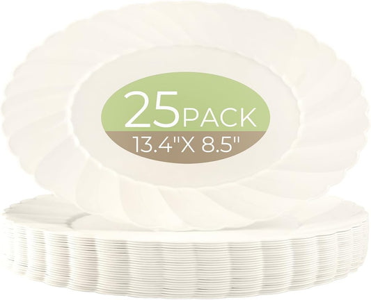U-QE 25 Count Ivory Thanksgiving Plastic Plates - 13.4 inch Oval Plates Disposable Plates Heavy Duty For Big Eaters, Ivory Disposable Platters Ideal for Thanksgiving, Party, Picnic and Weddings