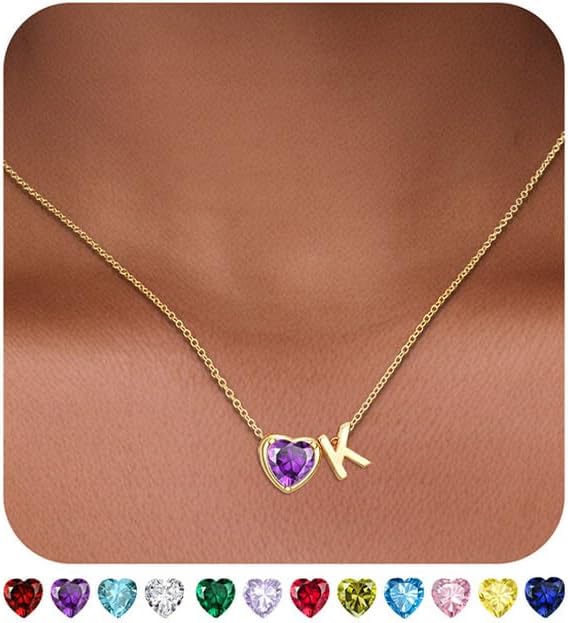 Heart Birthstone Initial Necklace for Women Girls,14K Gold Plated Heart Letter A-Z Necklace Dainty Birthday Trendy Jewelry Gifts for Women Girls Daughter