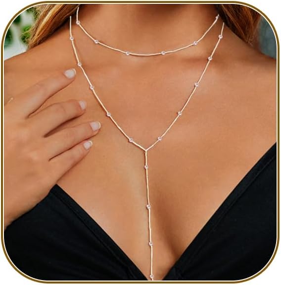 Lariat Gold Necklace for Women, Dainty Long Necklace 14k Gold Plated/Silver Y-Shaped Layered Beaded Chain Drop Necklaces for Women Trendy Simple Gold Jewelry for Women Gifts
