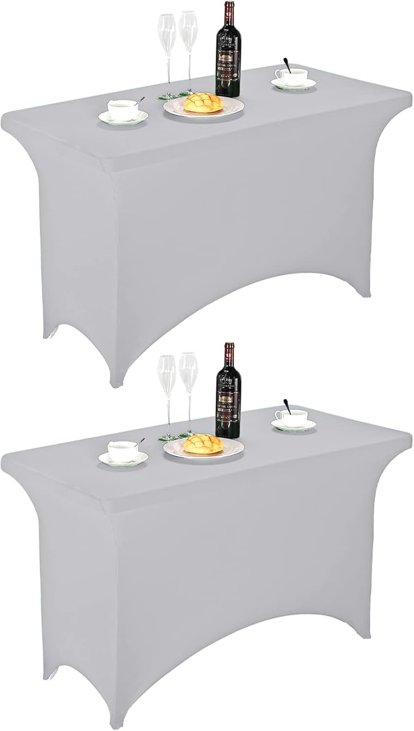 FORLIFE 2Pack Spandex Table Covers，Fitted Tablecloth for Rectangular Tables, Stretch Patio Table Covers, Universal Spandex Table Cover for Wedding, Banquet, Party (4ft, Silver)