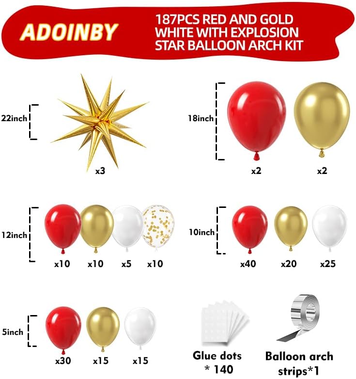 Red and Gold White Balloon Garland Arch Kit, 187Pcs Explosion Star Balloons Red White Metallic Gold Confetti Latex Balloon for Valentine's Day Wedding Birthday Engagements Anniversary Party Decoration