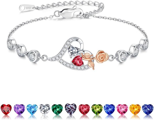 Iefil Christmas Gifts for Women - Birthstone Bracelet for Women, 925 Sterling Silver Rose Heart Charm Bracelets, Anniversary Birthday Gifts for Women Wife Mom Daughter, 6"+2"