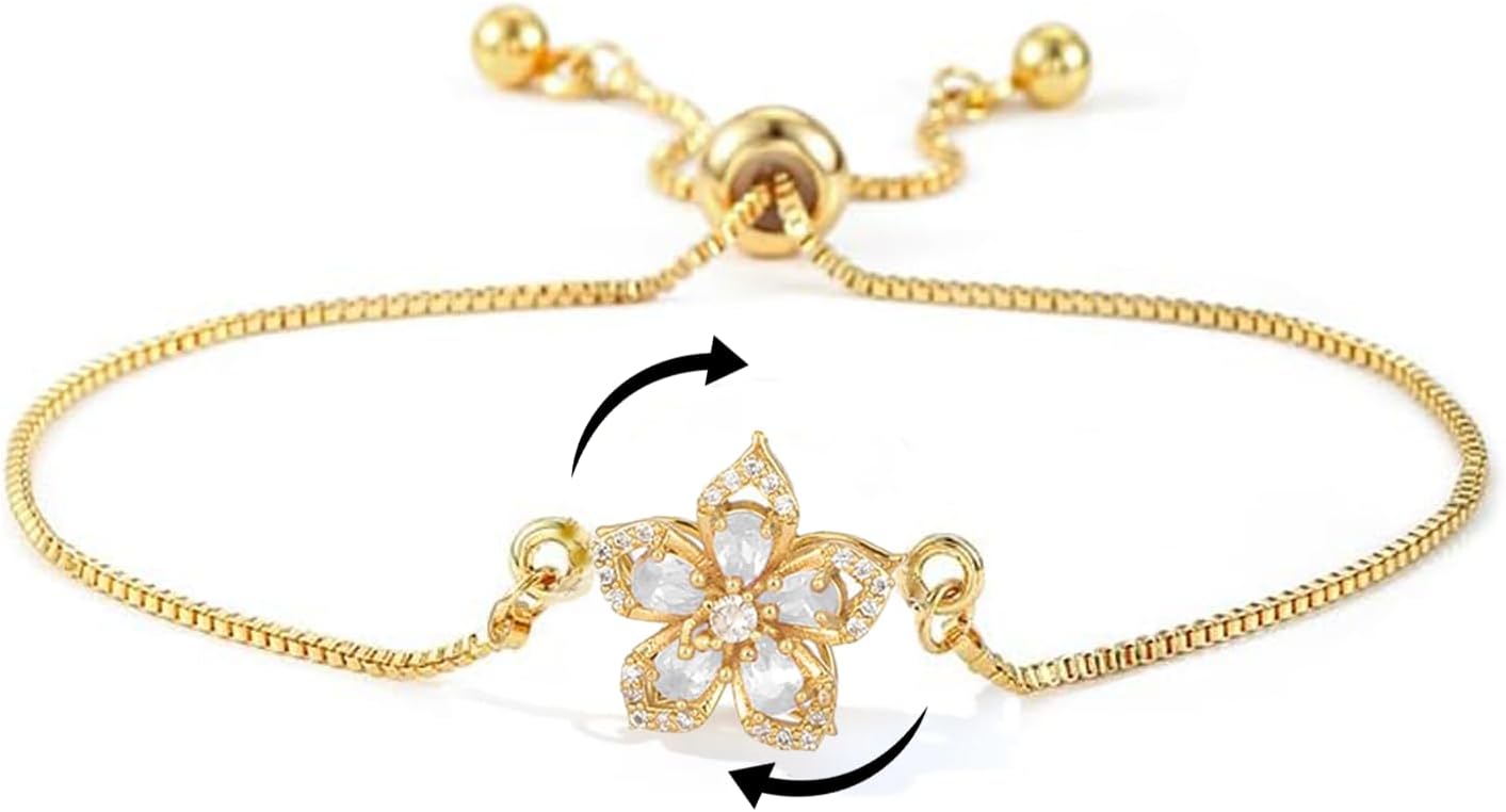 Necklace for Women Gold Flower Fidget Necklace Rotatable Crystal Silver Blossom Pendant Necklaces Adjustable Spinning Fidget Necklaces Redbud Flower Choker Funny Gift Jewelry