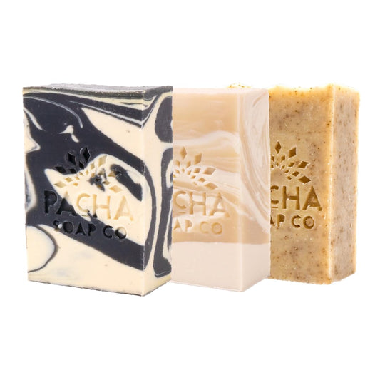 Pacha Soap Co. Bar Soap, Earthy Clean Bundle, 3-Pack (4 oz ea) - Coconut Lemon, Dirty Hippie, and Charcoal - Premium, Handcrafted, Hydrating, Natural Face Wash, Hand Cleanser, Soothing Essential Oils