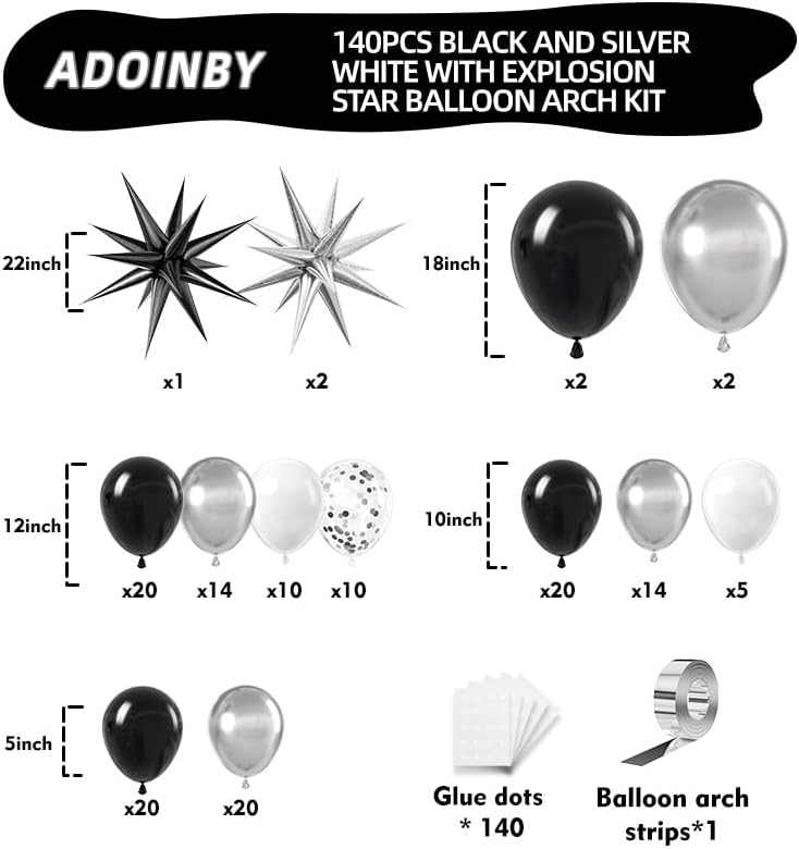 Black and Silver White Balloon Arch Kit, 140Pcs Explosion Star Black and Silver White Balloon 22 18 12 10 5 Inch Different Size Balloons for Birthday Anniversary New Years Party Decorations
