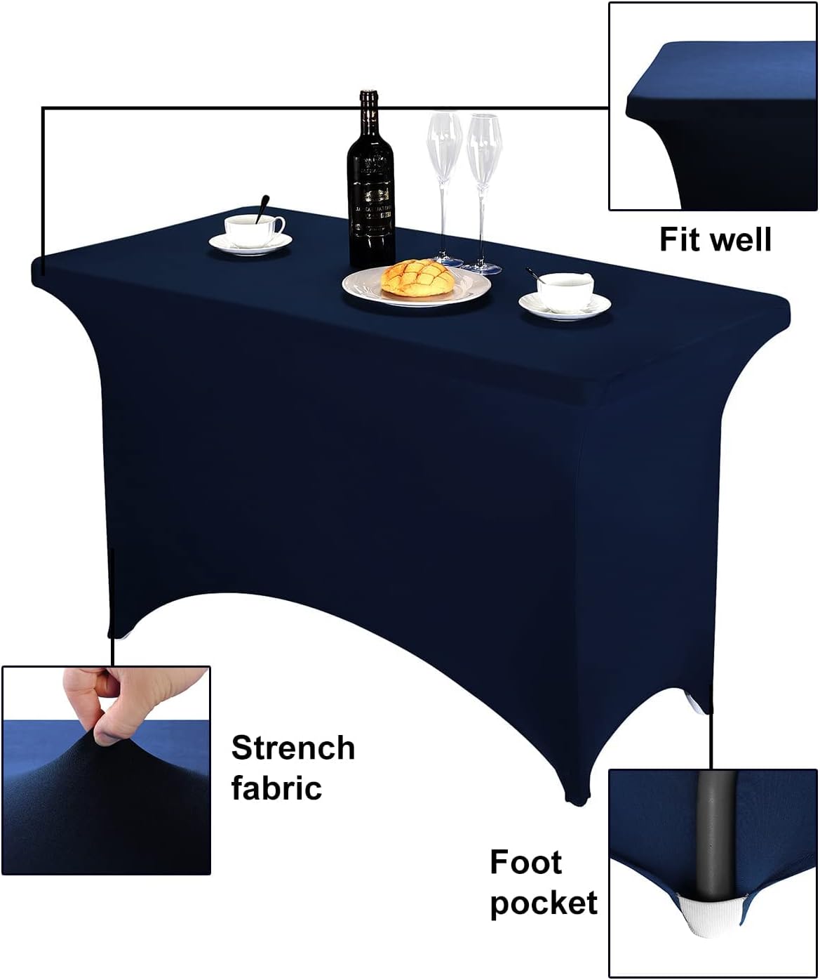 FORLIFE 2Pack Spandex Table Covers，Fitted Tablecloth for Rectangular Tables, Stretch Patio Table Covers, Universal Spandex Table Cover for Wedding, Banquet, Party (4ft, Navy)