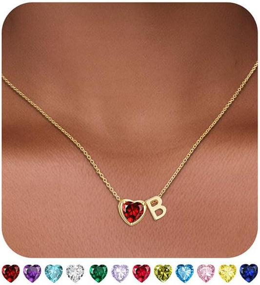 Heart Birthstone Initial Necklace for Women Girls,14K Gold Plated Heart Letter A-Z Necklace Dainty Birthday Trendy Jewelry Gifts for Women Girls Daughter