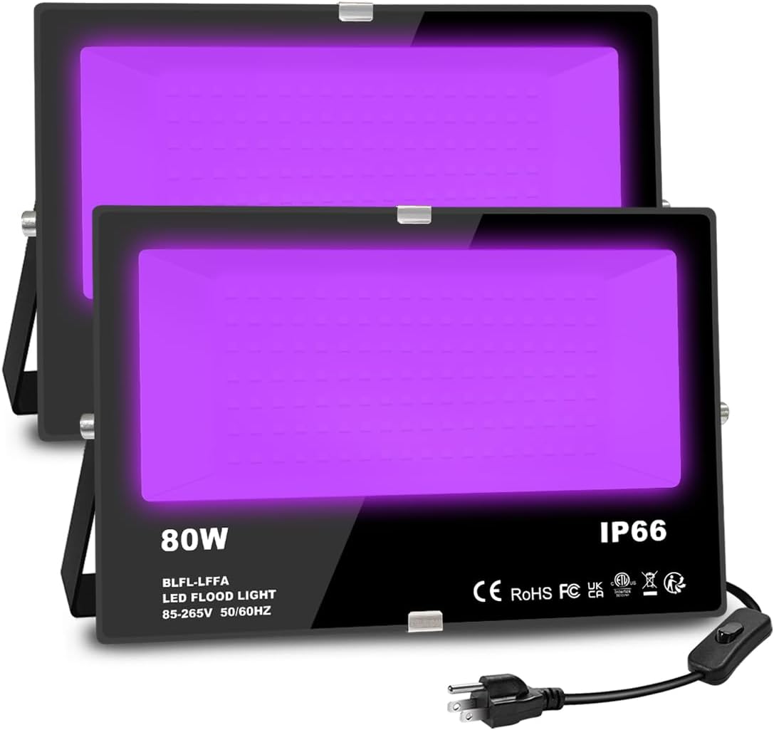 MELPO Black Light 80W Blacklight Flood Light Outdoor for Glow Party, Halloween Decoration, Body Paint, Fluorescent Poster, Stage Lighting，Neon Glow, IP66, US-Plug-Switch-5.9Ft Cord (2 Pack)