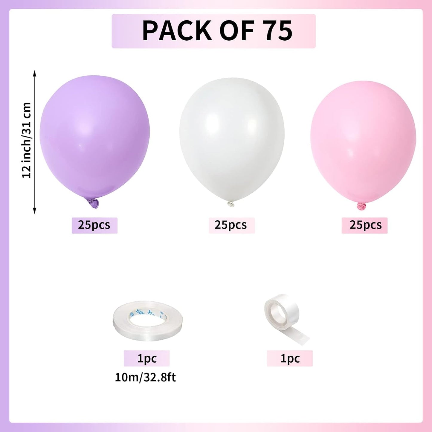 Pink and Purple Balloons, 75 Pack Pastel Purple Pink and Matte White Latex Balloons, Pink Purple Macaron Helium Balloons for Girls Birthday Wedding Baby Shower Christening Engagement Party Decorations