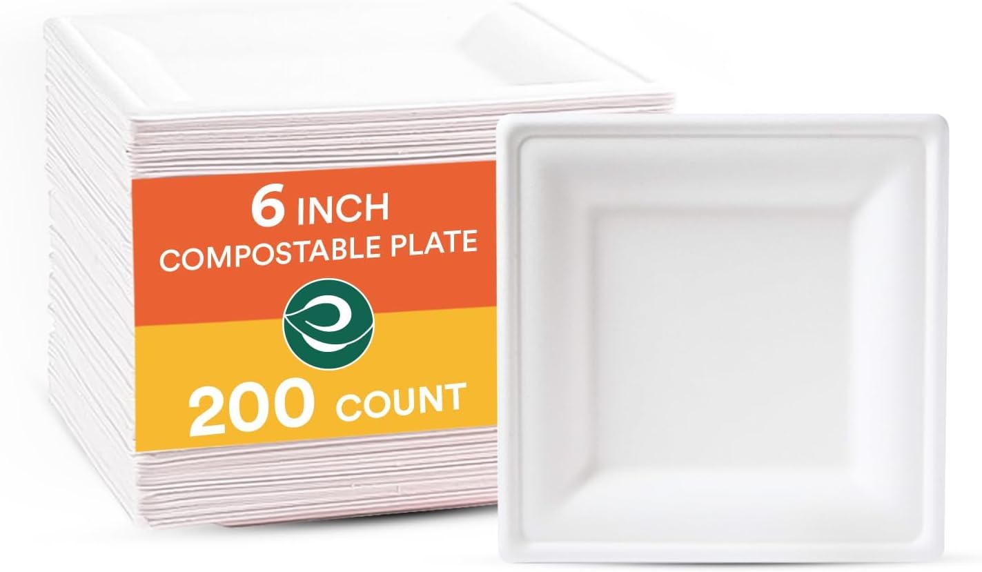 ECO SOUL Compostable Paper Plates 6 Inch (200 Count) Heavy Duty Disposable Dessert Plates, Eco-Friendly Sugarcane Bagasse Small Plates For Appetizer- White