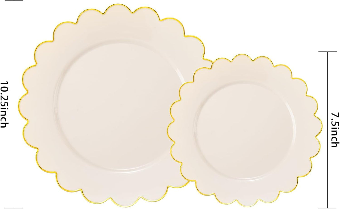 LIYH 60 Pcs Ivory and Gold Scalloped Plastic Plates - Disposable Fancy Combo Plates Includes 30 Dinner Plate 10.25" and 30 Dessert Plate 7.5" Plastic Heavy Weight Party Tableware Dishes