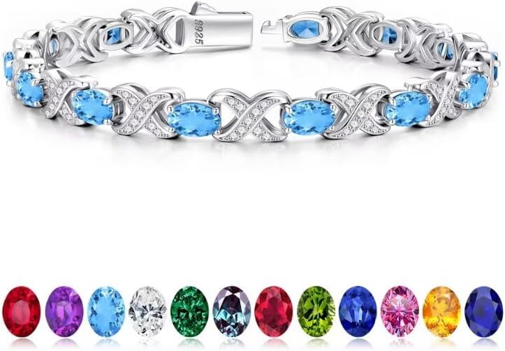 Iefil Oval Birthstone Bracelets for Women, Sterling Silver Tennis Bracelets Unique X O Design Fine Jewelry Christmas Gifts Anniversary Birthday Gifts for Her Birthstone Jewelry for Wife Mom Grandma