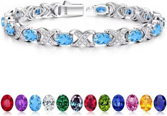 Iefil Oval Birthstone Bracelets for Women, Sterling Silver Tennis Bracelets Unique X O Design Fine Jewelry Christmas Gifts Anniversary Birthday Gifts for Her Birthstone Jewelry for Wife Mom Grandma