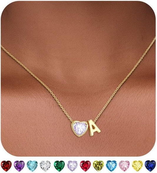 Heart Birthstone Initial Necklace for Women Girls,14K Gold Plated Heart Letter A-Z Necklace Dainty Birthday Trendy Jewelry Gifts for Women Girls Daughter