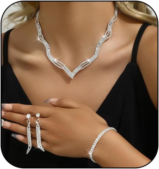 Prom Earrings Necklace Bracelet Set Elegant Crystal Rhinestone Necklace Earrings Bracelet Bridal Wedding Prom Dresses Costume Outfit Gold Jewelry Sets for Women