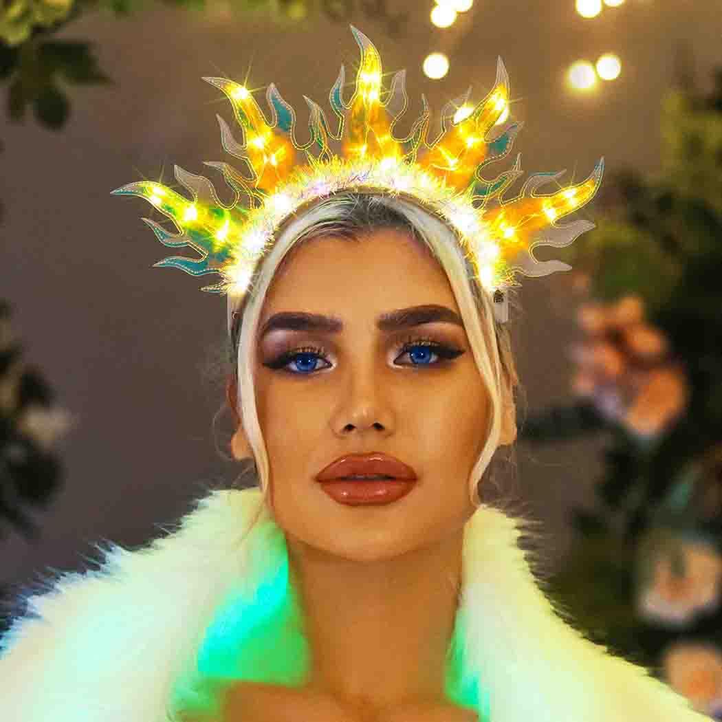 DRESBE Light Up Sun Crown Headband LED Flame Headbands Glow Party Fire Hair Accessories for Women (Yellow Light)