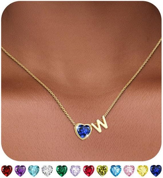 Heart Birthstone Initial Necklace for Women Girls,14K Gold Plated Heart Letter A-Z Necklace Dainty Birthday Trendy Jewelry Gifts for Women Girls Daughter