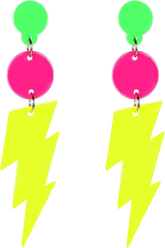 80s Neon Earrings for Women - Acrylic Lightning Bolt Drop Dangle Earrings, Retro Glow Party Accessories for 80s Outfit & Theme Parties (1 Pair)